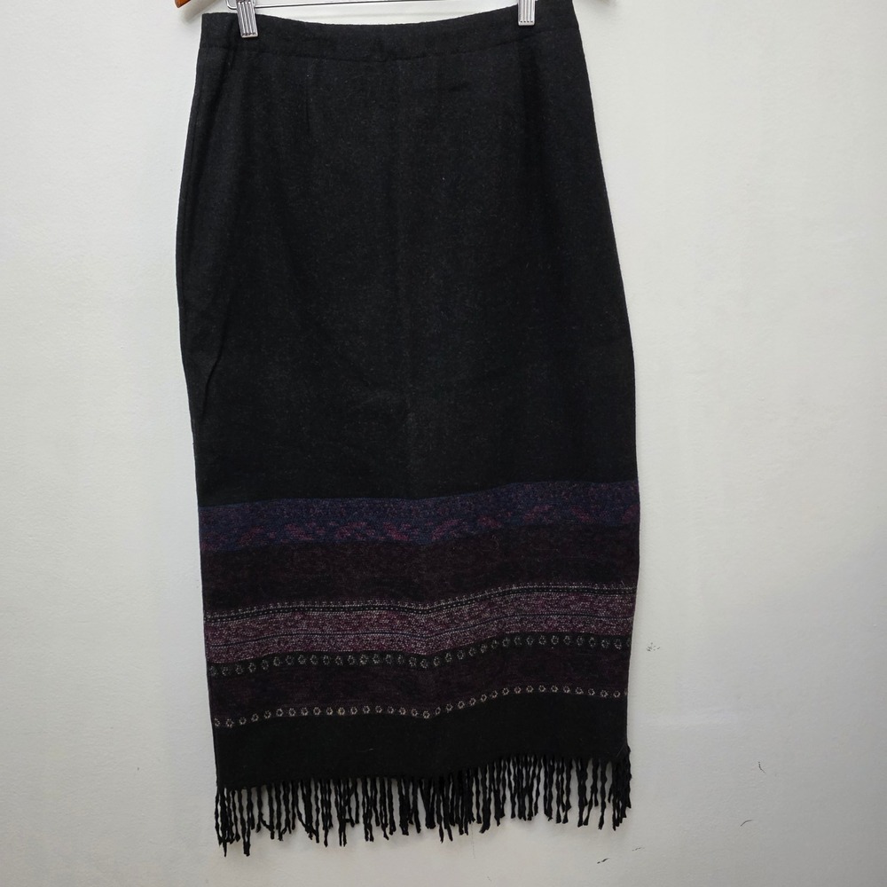 CC Hughes Women's Size 10 Black Wool Blend Fringe Hem Ethnic Print Midi‎ Skirt